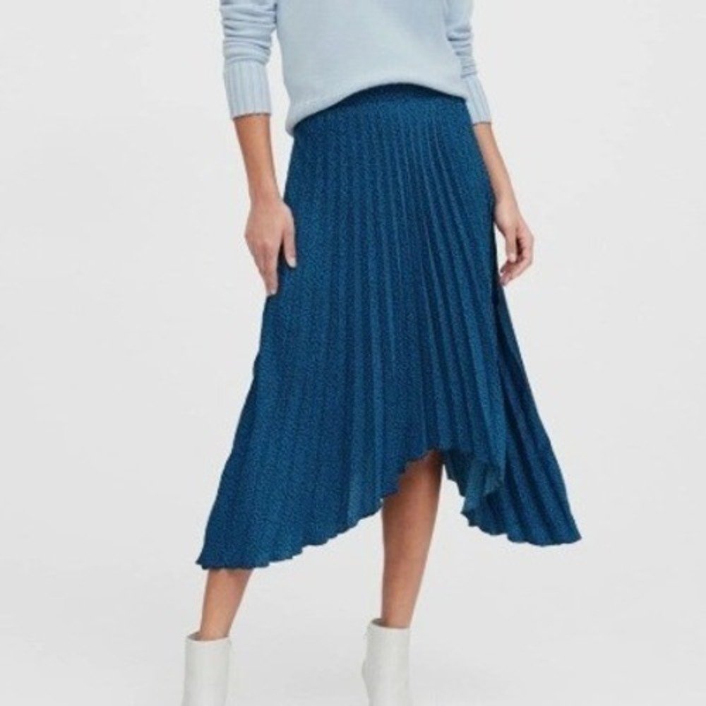 Banana Republic Pleated High Low Skirt Blue Print Size 6 Office #569654‎ W0126H